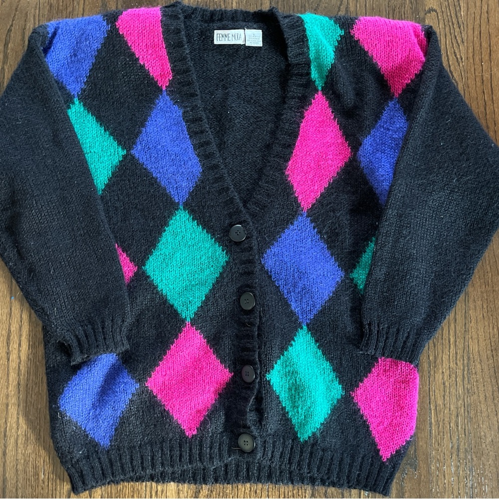 Vintage Black Cardigan with Pink, Blue, and Green Argyle Pattern